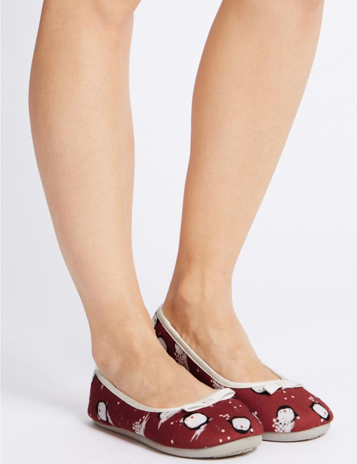 Marks & Spencer Penguin Ballerina Slippers Red Mix