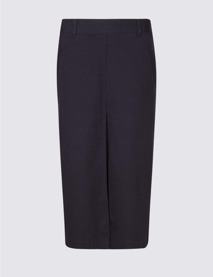 Marks & Spencer Cotton Rich Pleated Midi Skirt Navy