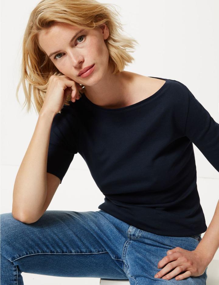 Marks & Spencer Pure Cotton Slash Neck Regular Fit T-shirt Navy