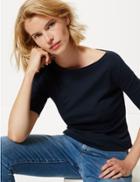 Marks & Spencer Pure Cotton Slash Neck Regular Fit T-shirt Navy
