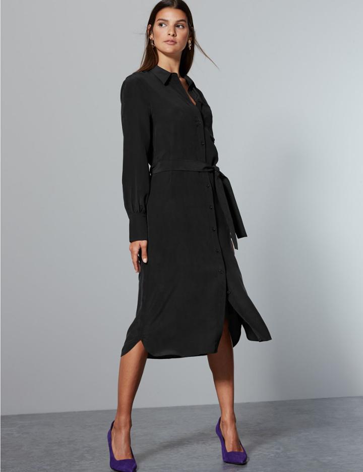Marks & Spencer Pure Silk Tie Waist Shirt Dress Black
