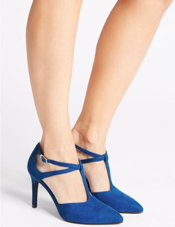 Marks & Spencer Stiletto Heel T-bar Courts Shoes Blue