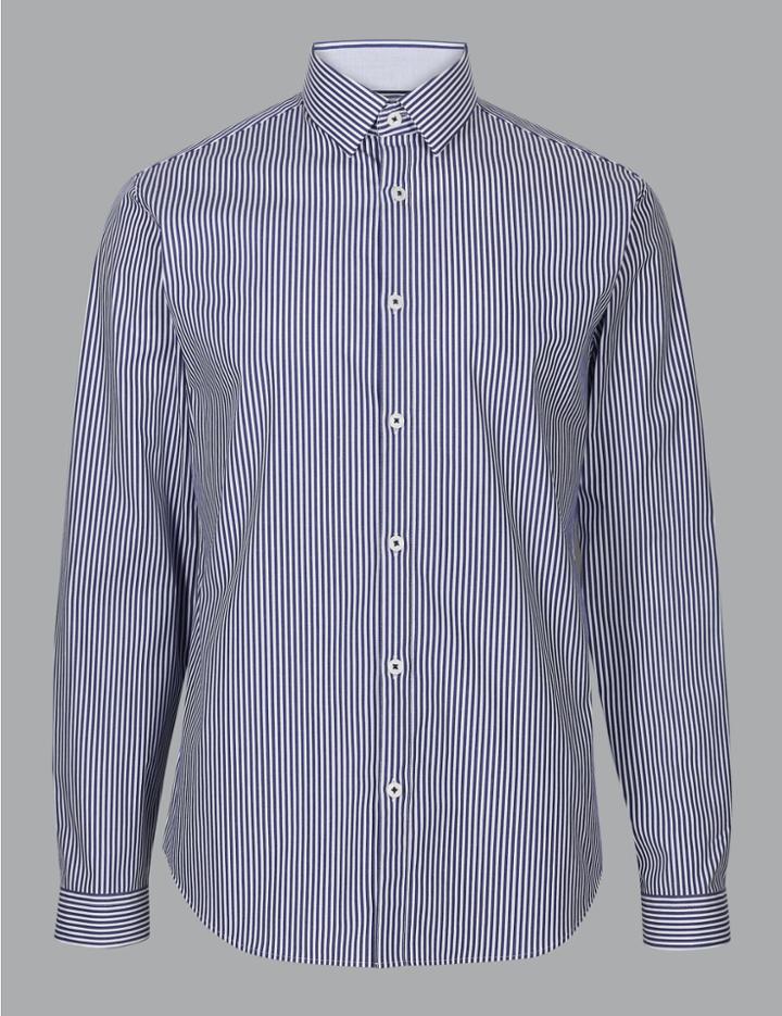 Marks & Spencer Cotton Rich Slim Fit Striped Shirt Blue Mix