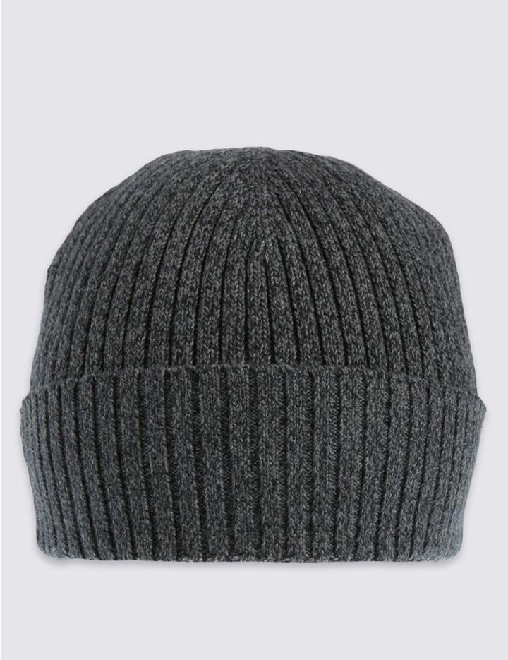 Marks & Spencer Pure Cotton Knitted Beanie Hat With Staynew&trade; Charcoal
