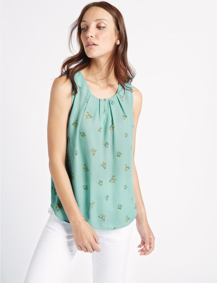 Marks & Spencer Butterfly Print Pleated Round Neck Vest Top Blue Mix