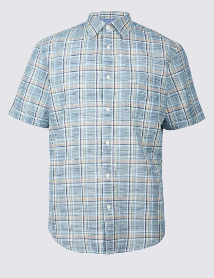 Marks & Spencer Easy Care Pure Cotton Shirt With Pocket Azure Blue