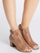 Marks & Spencer Leather Block Heel Peep Shoe Boots Tan