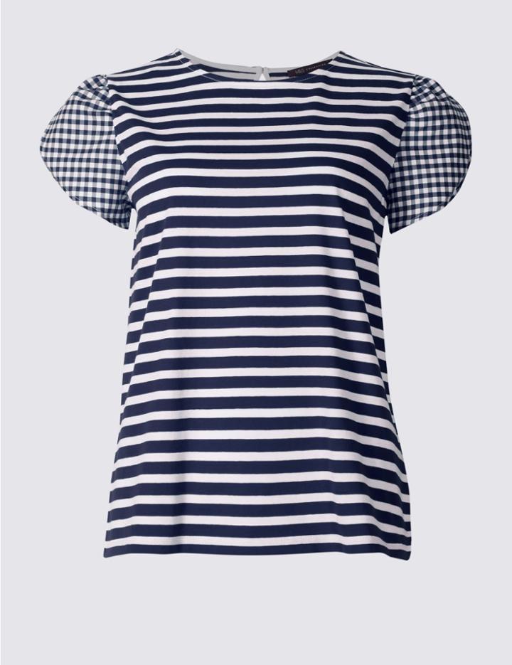 Marks & Spencer Pure Cotton Striped Gingham Sleeve T-shirt Navy Mix