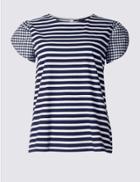 Marks & Spencer Pure Cotton Striped Gingham Sleeve T-shirt Navy Mix