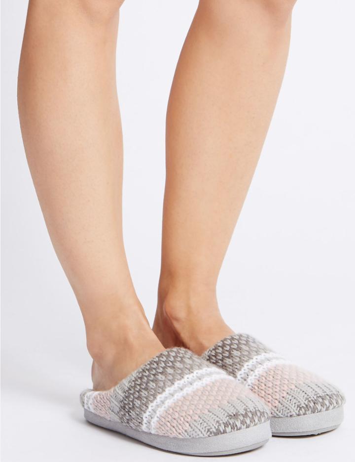 Marks & Spencer Fairisle Knit Mule Slippers Grey Mix