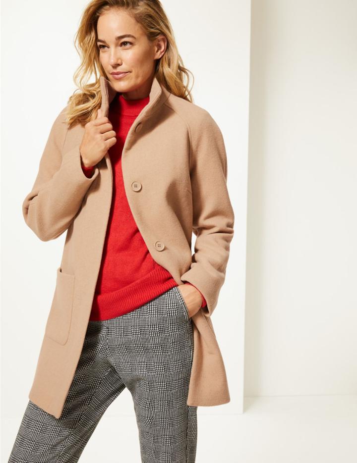Marks & Spencer Wool Rich Funnel Neck Coat Caramel