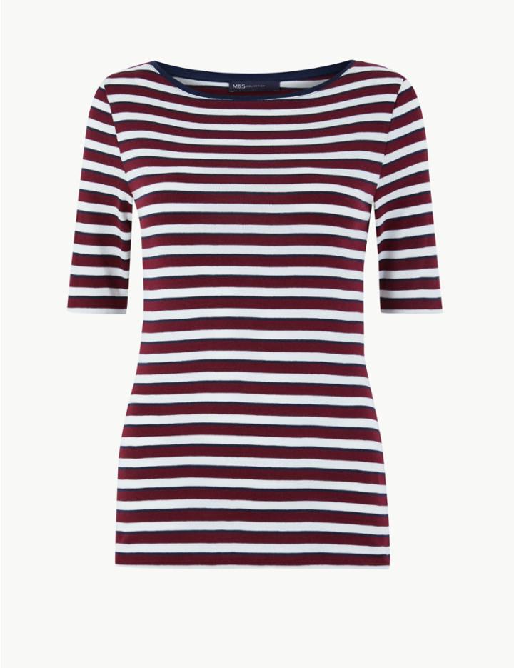 Marks & Spencer Striped Boat Neck Half Sleeve T-shirt Burgundy Mix
