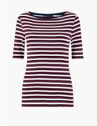 Marks & Spencer Striped Boat Neck Half Sleeve T-shirt Burgundy Mix