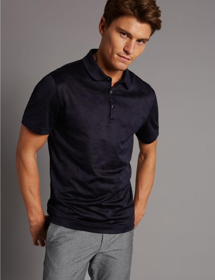 Marks & Spencer Slim Fit Pure Cotton Textured Polo Shirt Navy