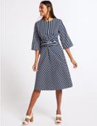 Marks & Spencer Pure Cotton Striped Tie Waist Tunic Dress Blue Mix