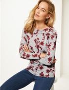 Marks & Spencer Cosy Floral Print Long Sleeve Top Grey Mix