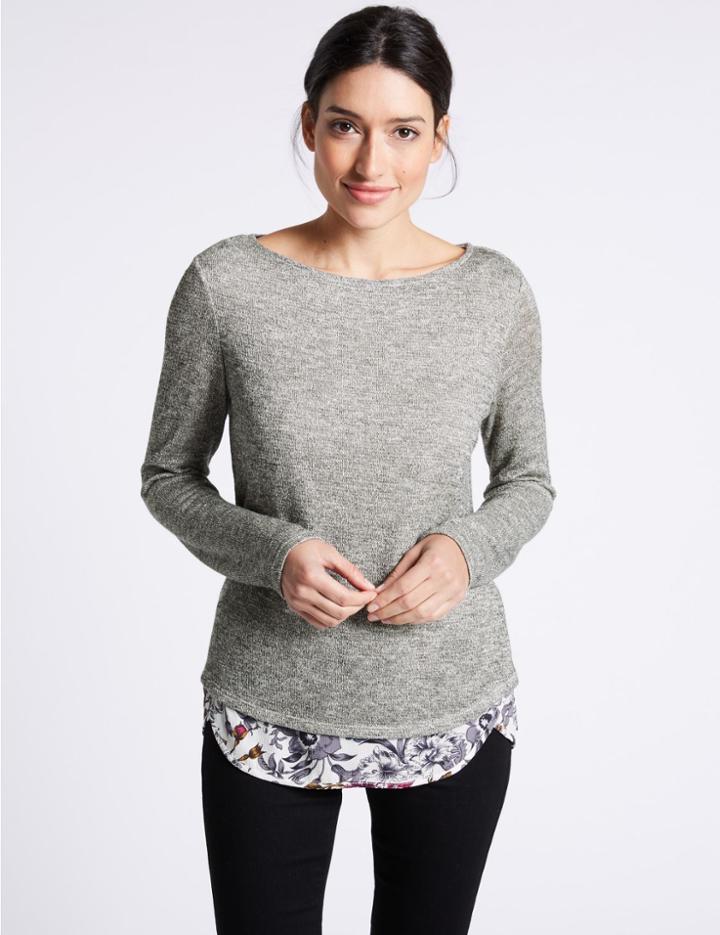Marks & Spencer Textured Slash Neck Long Sleeve T-shirt Grey Mix