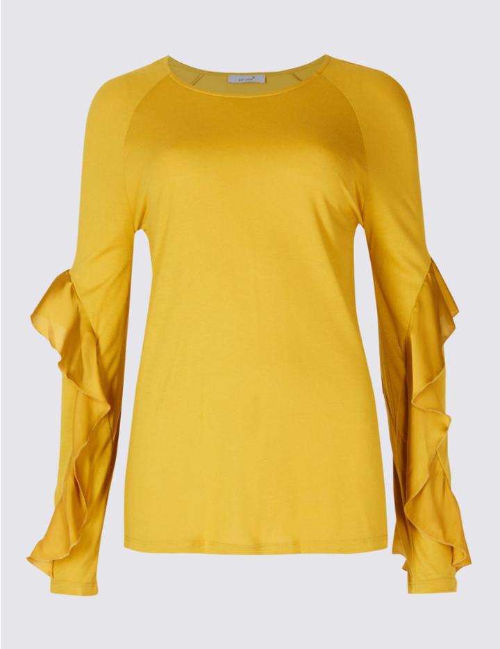 Marks & Spencer Satin Round Neck Ruffle Sleeve T-shirt Lime