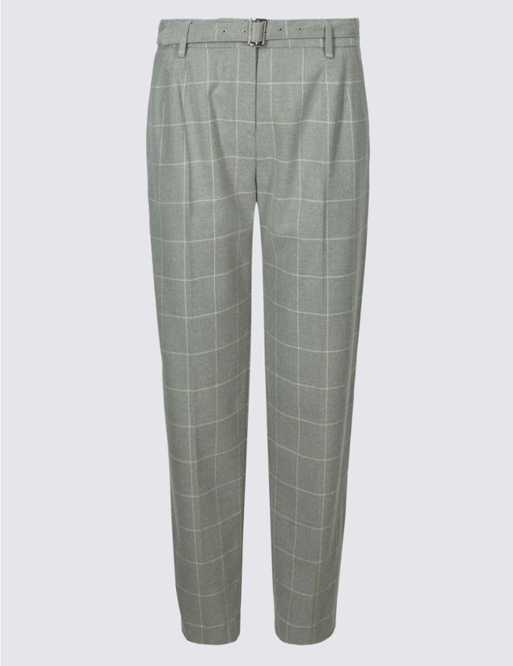 Marks & Spencer Belted Check Tapered Leg Trousers Grey Mix