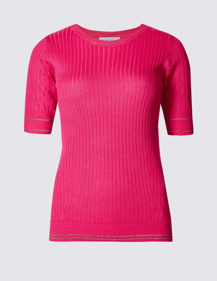 Marks & Spencer Contrasting Edge Half Sleeve Jumpers Raspberry