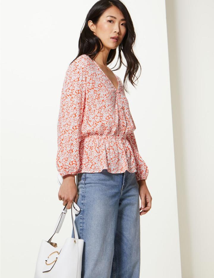Marks & Spencer Floral Print Waist Detail Crinkle Blouse Orange Mix
