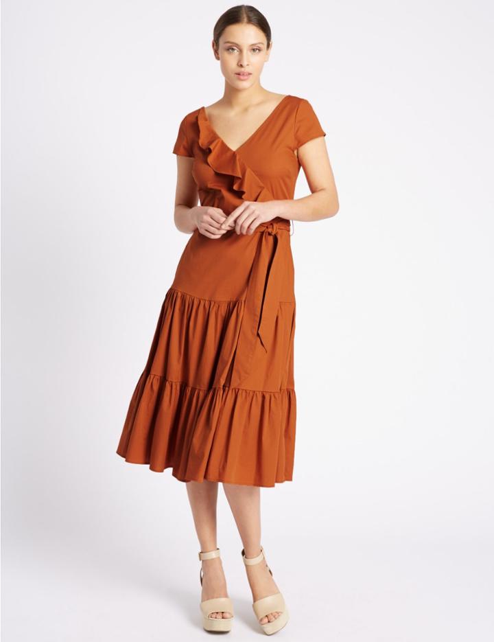 Marks & Spencer Cotton Rich Ruffle Midi Dress With Belt Rust