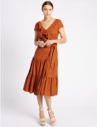 Marks & Spencer Cotton Rich Ruffle Midi Dress With Belt Rust