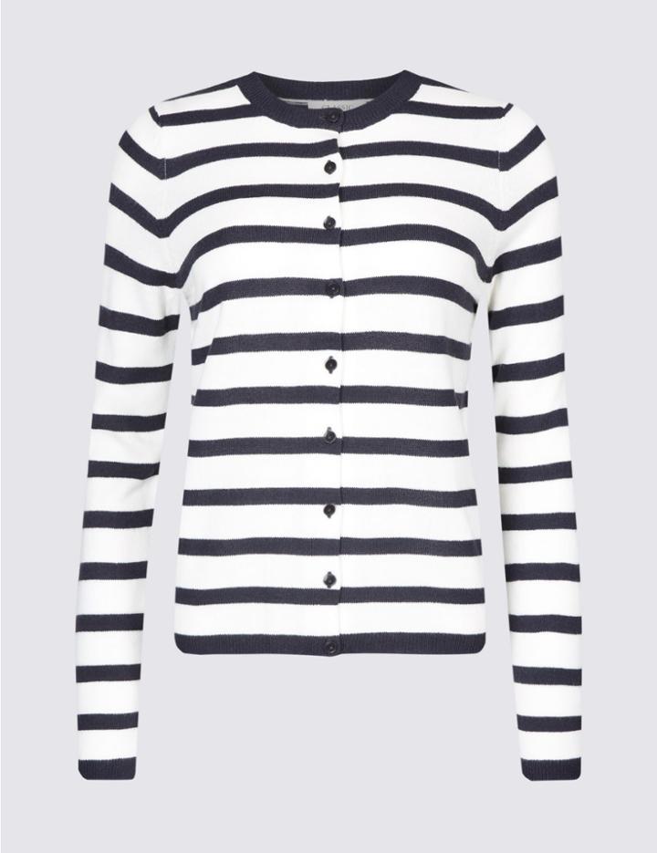 Marks & Spencer Striped Button Through Cardigan Navy Mix
