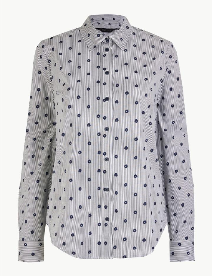 Marks & Spencer Pima Cotton Slim Fit Striped Star Print Shirt Navy Mix