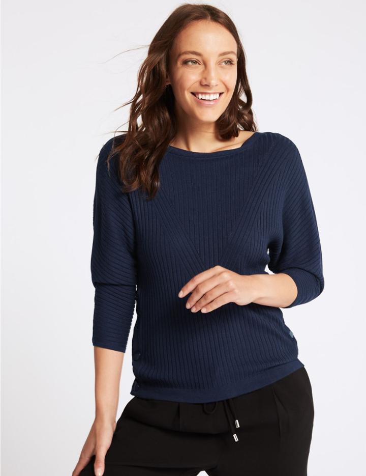 Marks & Spencer Ribbed Slash Neck 3/4 Sleeve Jumper Navy