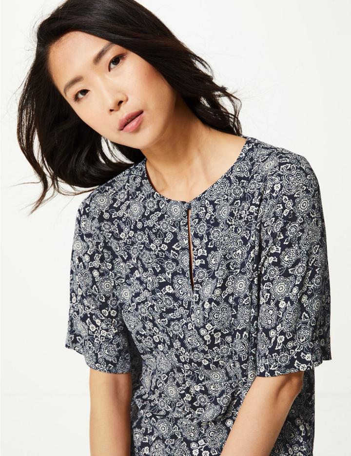 Marks & Spencer Floral Print Short Sleeve Blouse Dark Blue Mix