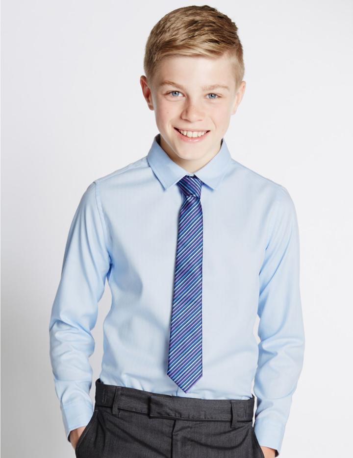 Marks & Spencer Pure Cotton Long Sleeve Herringbone Shirt (5-14 Years) Pale Blue