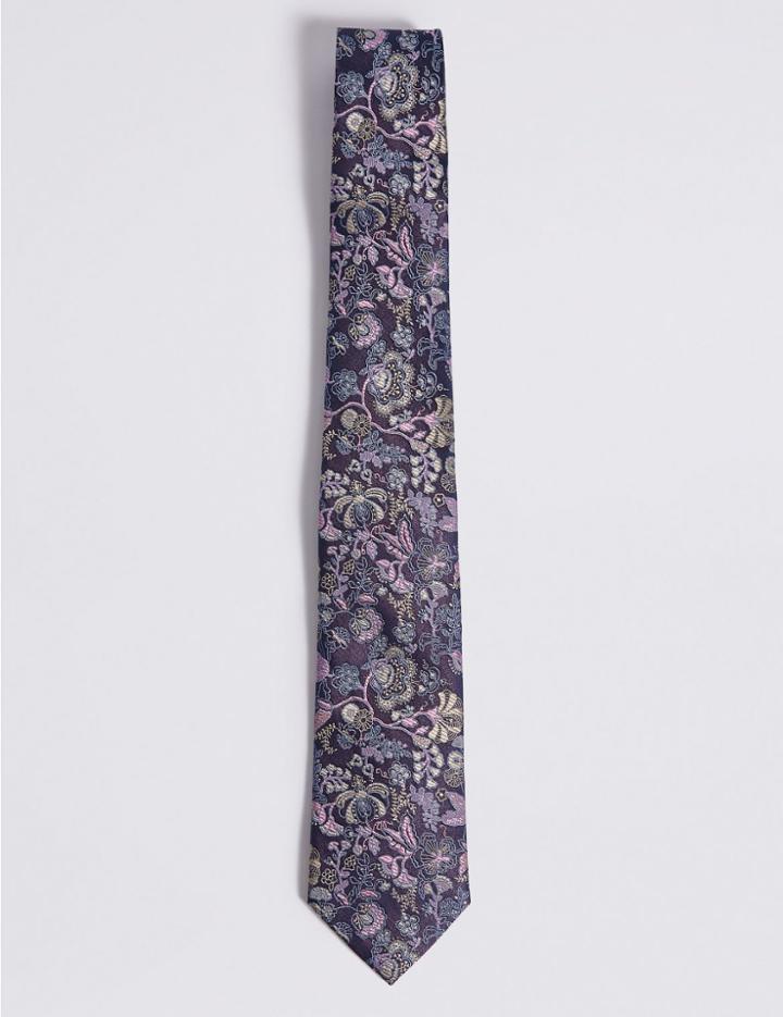 Marks & Spencer Pure Silk Oriental Floral Tie Navy Mix