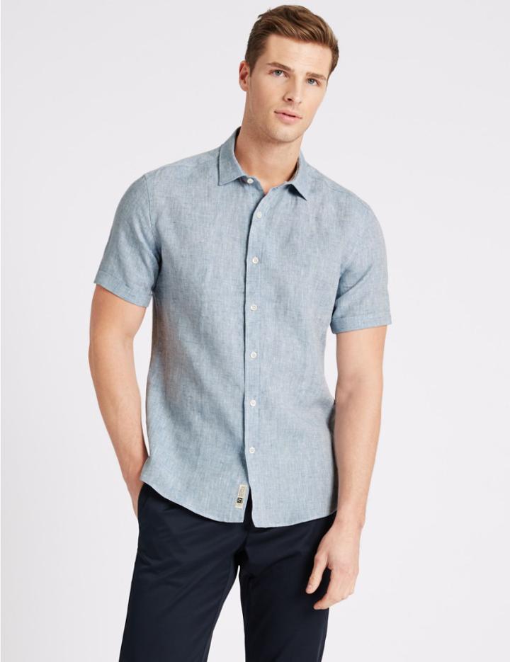 Marks & Spencer Irish Linen Short Sleeve Shirt Medium Blue