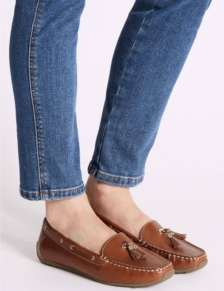 Marks & Spencer Wide Fit Leather Tassel Boat Shoes Tan