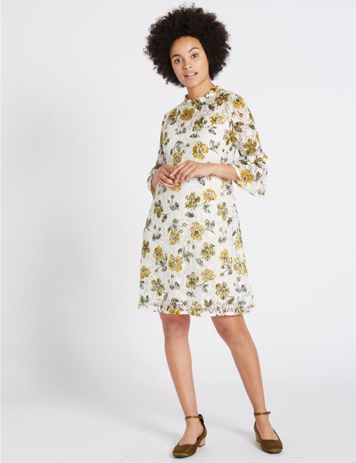 Marks & Spencer Cotton Rich Floral Lace Swing Dress Ivory Mix