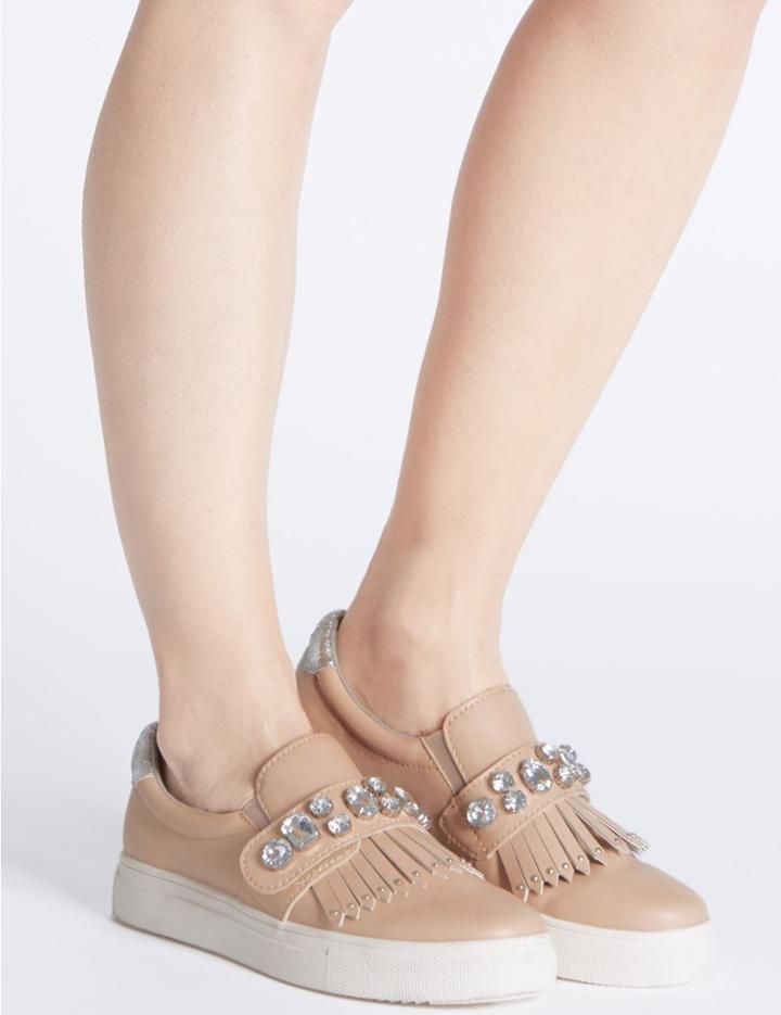 Marks & Spencer Flat Riptape Jewelled Trainers Nude