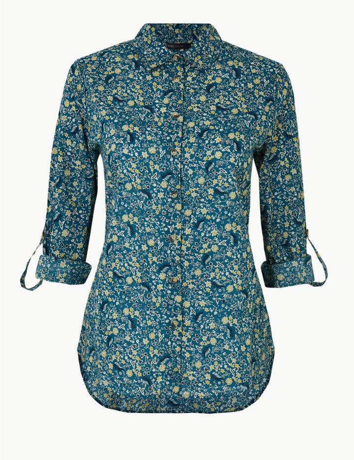 Marks & Spencer Floral Long Sleeve Blouse Teal Mix