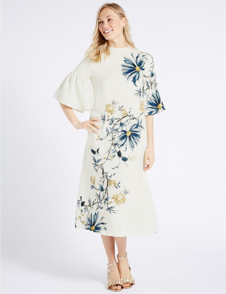 Marks & Spencer Floral Print Flared Sleeve Tunic Midi Dress Ivory Mix