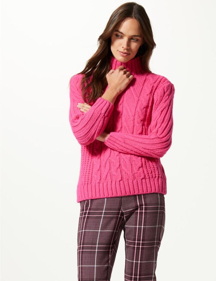 Marks & Spencer Cable Knit Funnel Neck Jumper Very Pink