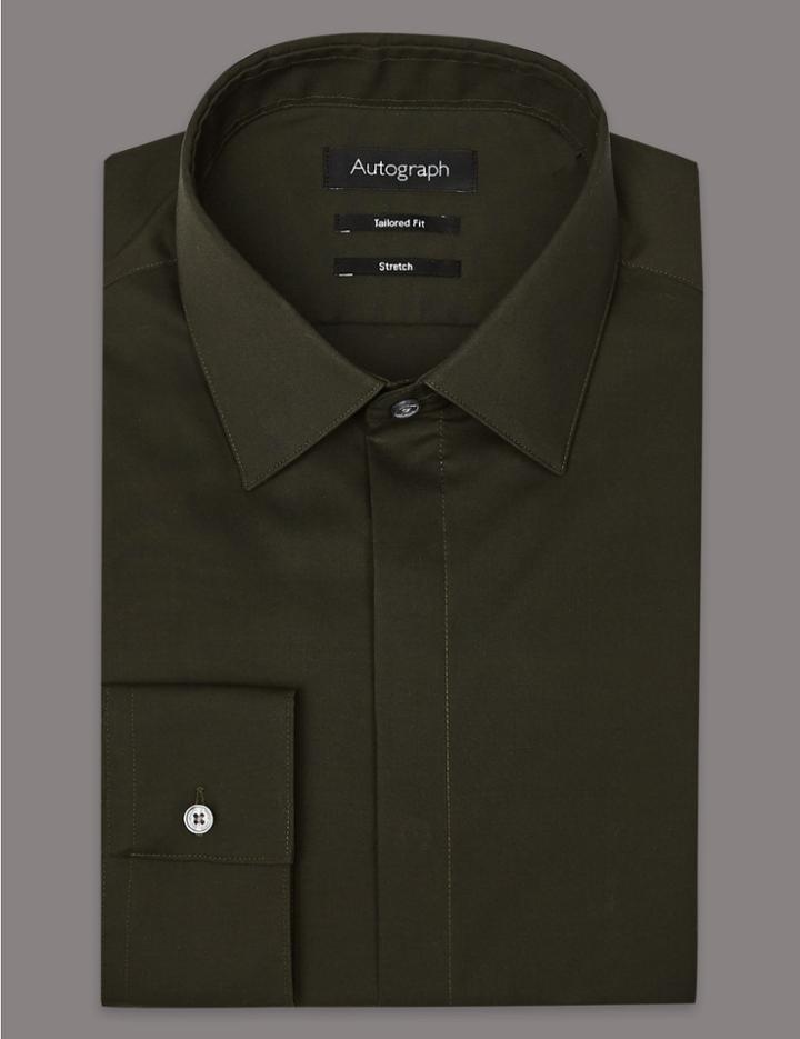 Marks & Spencer Cotton Rich Tailored Fit Shirt With Stretch Khaki