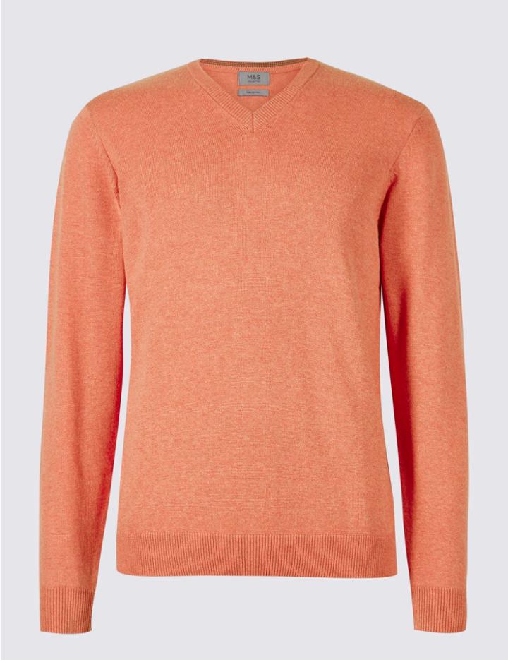 Marks & Spencer Pure Cotton V-neck Jumper Soft Orange