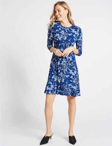 Marks & Spencer Floral Print 3/4 Sleeve Swing Dress Blue Mix