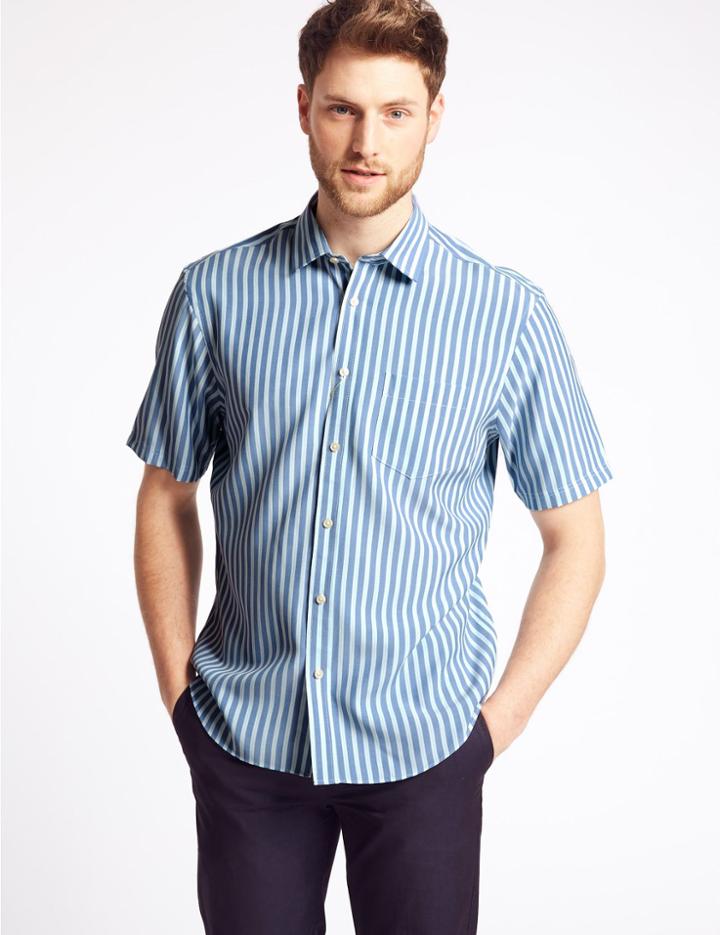 Marks & Spencer Easy Care Modal Blend Shirt With Pocket Aqua Mix