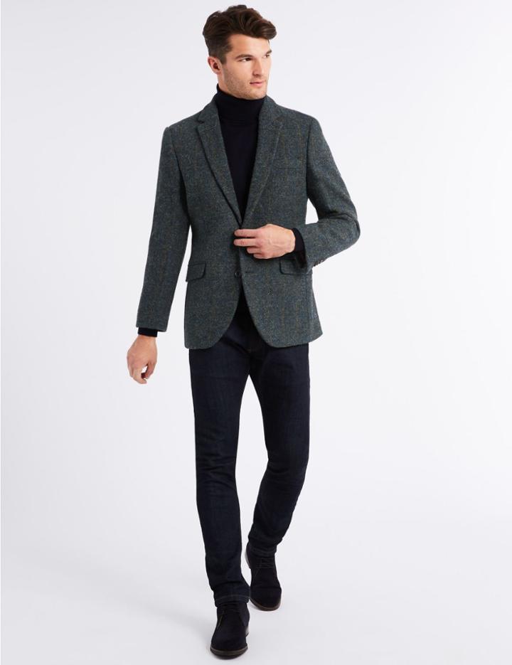 Marks & Spencer Pure Wool Navy Harris Tweed Tailored Jacket Navy