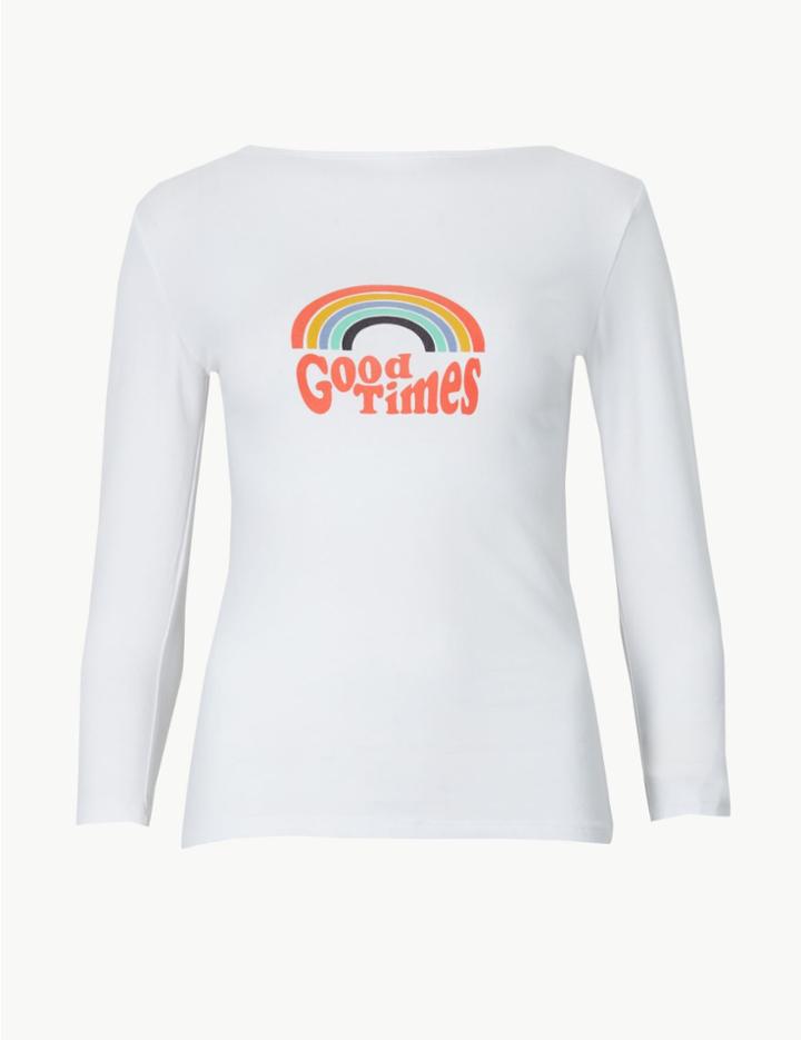 Marks & Spencer Slash Neck 3/4 Sleeve Fitted T-shirt White Mix