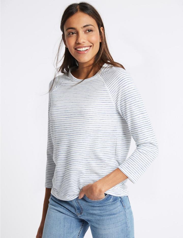 Marks & Spencer Striped Raglan Sleeve Round Neck T-shirt White Mix
