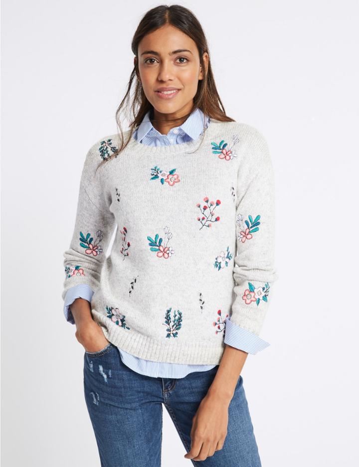 Marks & Spencer Cotton Blend Floral Embroidered Jumper Grey Mix