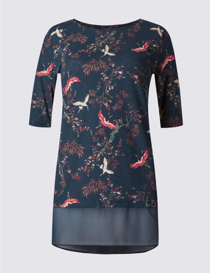 Marks & Spencer Crane & Floral Print Half Sleeve T-shirt Navy Mix