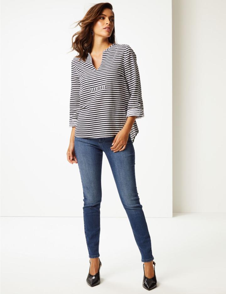 Marks & Spencer Linen Blend Striped Long Sleeve Blouse Navy Mix
